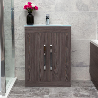Plum&clay Novela Dark Wood Floor Standing Vanity Unit With Glass Basin Bathroom Furniture (W)600mm - image 1