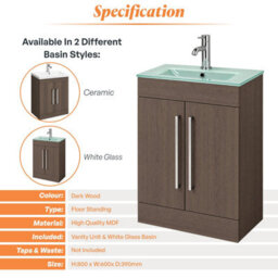 Plum&clay Novela Dark Wood Floor Standing Vanity Unit With Glass Basin Bathroom Furniture (W)600mm - thumbnail 6