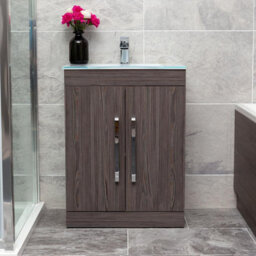 Plum&clay Novela Dark Wood Floor Standing Vanity Unit With Glass Basin Bathroom Furniture (W)600mm