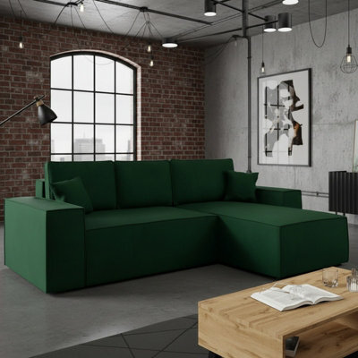 Malaga L Shaped Mdf Corner Sofa Bed With Storage Dl Pull Out Seat Loose Back Cushions 279X94X181 Green Right - image 1