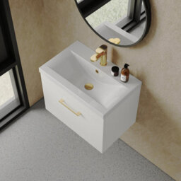 Balterley Millwich 1 Drawer Wall Hung Vanity Basin Unit - 600mm - Gloss White With Brushed Brass D-Shaped Handle (Tap Not Included) - thumbnail 5