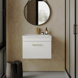 Balterley Millwich 1 Drawer Wall Hung Vanity Basin Unit - 600mm - Gloss White With Brushed Brass D-Shaped Handle (Tap Not Included) - thumbnail 2