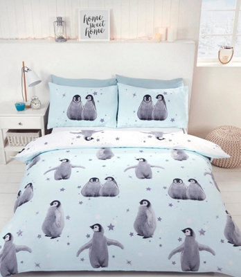Homespace Direct Ltd Starry Penguins Blue Xmas Duvet Cover Set Christmas Bedding - image 1