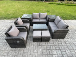 Fimous 8 Seater Rattan Garden Furniture Set Patio Outdoor Lounge Sofa Set With Rectangular Coffee Table 2 Small Footstools - thumbnail 1