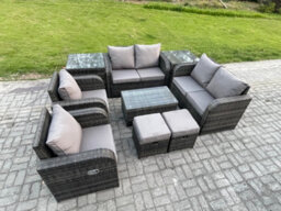 Fimous 8 Seater Rattan Garden Furniture Set Patio Outdoor Lounge Sofa Set With Rectangular Coffee Table 2 Small Footstools - thumbnail 2