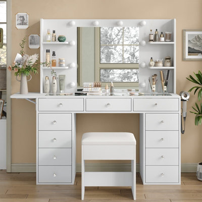 Fusou White Dressing Table With Led Mirror, Vanity Table With Power Outlet, 4 Shelves, Foldable Panel, 3 Colour Modes - image 1
