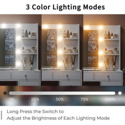Fusou White Dressing Table With Led Mirror, Vanity Table With Power Outlet, 4 Shelves, Foldable Panel, 3 Colour Modes - thumbnail 6