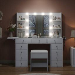 Fusou White Dressing Table With Led Mirror, Vanity Table With Power Outlet, 4 Shelves, Foldable Panel, 3 Colour Modes - thumbnail 4