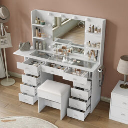Fusou White Dressing Table With Led Mirror, Vanity Table With Power Outlet, 4 Shelves, Foldable Panel, 3 Colour Modes - thumbnail 5