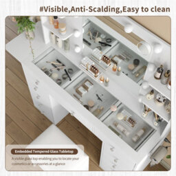 Fusou White Dressing Table With Led Mirror, Vanity Table With Power Outlet, 4 Shelves, Foldable Panel, 3 Colour Modes - thumbnail 2