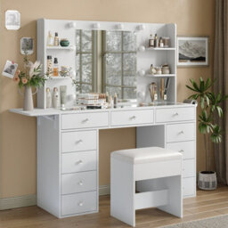 Fusou White Dressing Table With Led Mirror, Vanity Table With Power Outlet, 4 Shelves, Foldable Panel, 3 Colour Modes - thumbnail 3