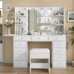 Fusou White Dressing Table With Led Mirror, Vanity Table With Power Outlet, 4 Shelves, Foldable Panel, 3 Colour Modes - thumbnail 1