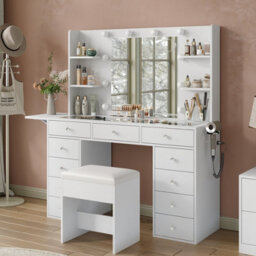 Fusou White Dressing Table With Led Mirror, Vanity Table With Power Outlet, 4 Shelves, Foldable Panel, 3 Colour Modes - thumbnail 8