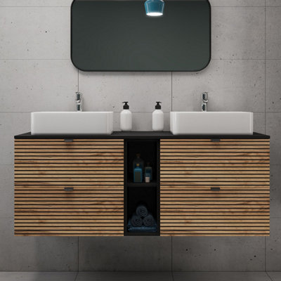 Heze Furniture Loft Modern Style Ribbed Door 140Cm Bathroom Cabinet Vanity Unit With Worktop - Gold Craft Oak - image 1