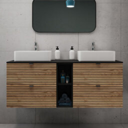 Heze Furniture Loft Modern Style Ribbed Door 140Cm Bathroom Cabinet Vanity Unit With Worktop - Gold Craft Oak