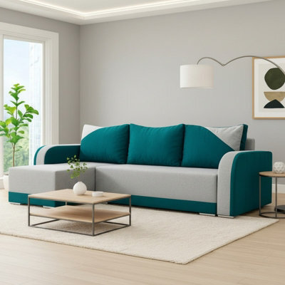 Modern Arizona Fabric Corner Sofa Bed Turquoise And Light Grey Upholstery With Storage And Reversible Left Or Right - image 1