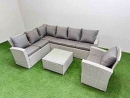 Fimous Outdoor Rattan Garden Furniture Set 7 Seater Corner Sofa Sets With Square Coffee Table Chair Light Grey Mixed - thumbnail 2