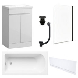 FNX Bathrooms Waterproof 600mm Vanity Unit With Single Ended Bath, Gloss White Front Panel, Matt Black Screen, Bath & Slotted Basin Waste - thumbnail 1