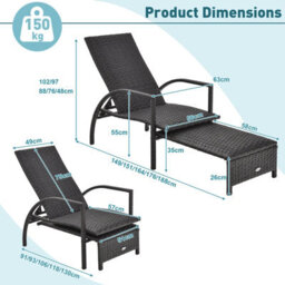 Costway Patio Wicker Recliner Outdoor Adjustable Rattan Lounge Chair W/ Ottoman - thumbnail 2