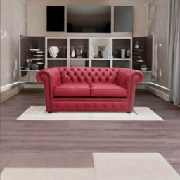 Chesterfield 2 Seater Shelly Poppy Red Leather Sofa Settee Bespoke In Classic Style - thumbnail 3