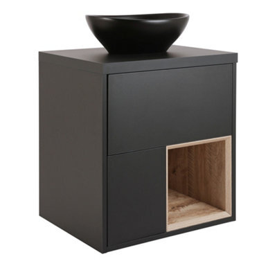 Homestylestore Black Grey 594mm Led Lit Wall Hung Bathroom Vanity Unit Oval Countertop Graphite Basin Open Shelf - image 1
