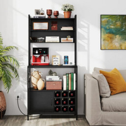 Coffee Bar Cabinet W Heavy-Duty Metal Frame Black Bakers Rack - thumbnail 3