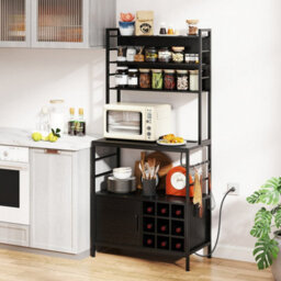 Coffee Bar Cabinet W Heavy-Duty Metal Frame Black Bakers Rack - thumbnail 4