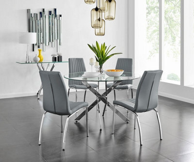 Furniturebox Uk Novara Chrome Metal And Glass Large Round Dining Table And 4 Elephant Grey Isco Chairs Set - image 1
