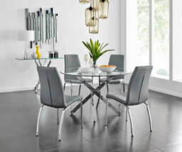 Furniturebox Uk Novara Chrome Metal And Glass Large Round Dining Table And 4 Elephant Grey Isco Chairs Set - thumbnail 1