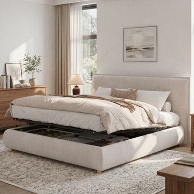 Modernluxe 6Ft Super King Bed, 180X200Cm, Ottoman Bed, With Tall Padded Headboard & Solid Wooden Legs, Velvet, Cream - image 1
