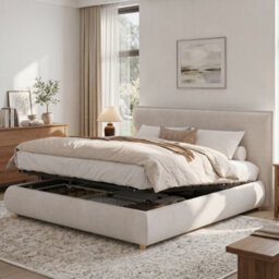Modernluxe 6Ft Super King Bed, 180X200Cm, Ottoman Bed, With Tall Padded Headboard & Solid Wooden Legs, Velvet, Cream - thumbnail 1