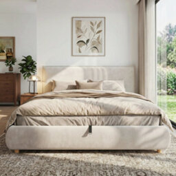 Modernluxe 6Ft Super King Bed, 180X200Cm, Ottoman Bed, With Tall Padded Headboard & Solid Wooden Legs, Velvet, Cream - thumbnail 2