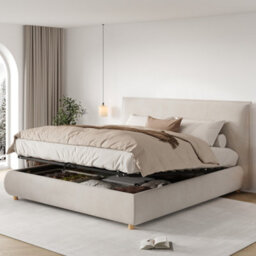 Modernluxe 6Ft Super King Bed, 180X200Cm, Ottoman Bed, With Tall Padded Headboard & Solid Wooden Legs, Velvet, Cream - thumbnail 3