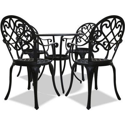 Homeology Prego Luxurious Garden And Patio Table And 4 Large Chairs With Armrests Cast Aluminium Bistro Set - Black - image 1