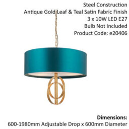 Antique Gold Ceiling Pendant Light & Teal Satin Shade - 3 Bulb Hanging Fitting - thumbnail 2