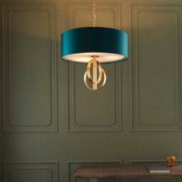 Antique Gold Ceiling Pendant Light & Teal Satin Shade - 3 Bulb Hanging Fitting - thumbnail 3