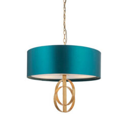 Antique Gold Ceiling Pendant Light & Teal Satin Shade - 3 Bulb Hanging Fitting - thumbnail 1