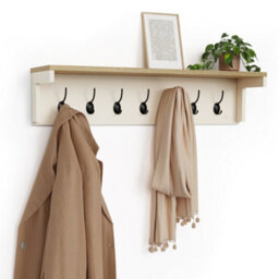 Vonhaus Coat Hooks Wall Mounted - Cream Rack With Shelf & 7 Strong Double - Jacket Hanger Hallway Organiser Melamine Wood Effect