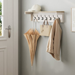 Vonhaus Coat Hooks Wall Mounted, Cream Coat Rack With Shelf & 7 Strong Double Hooks, Hallway Organiser With Melamine Wood Effect - thumbnail 4