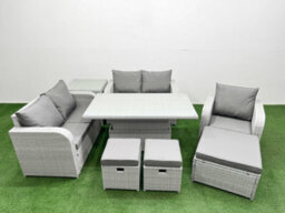 Fimous High Back Poly Rattan Garden Furniture Set Reclining Chair Loveseat Sofa Indoor Outdoor Set 3 Stools Side Table - thumbnail 1