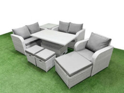 Fimous High Back Poly Rattan Garden Furniture Set Reclining Chair Loveseat Sofa Indoor Outdoor Set 3 Stools Side Table - thumbnail 2