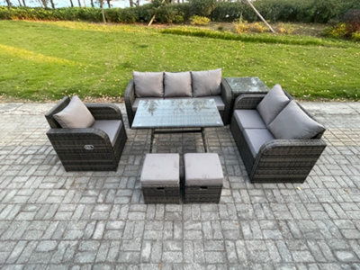 Fimous 8 Seater Outdoor Rattan Garden Furniture Set Patio Lounge Sofa Set With Dining Table Side Table 2 Small Footstools - image 1