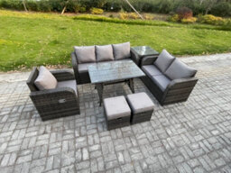 Fimous 8 Seater Outdoor Rattan Garden Furniture Set Patio Lounge Sofa Set With Dining Table Side Table 2 Small Footstools - thumbnail 2