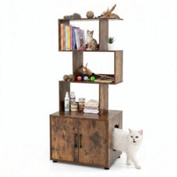 Brown Pet House Corner Bookshelf 141 Cm Tall Cat Litter Box Enclosure With Storage - thumbnail 4