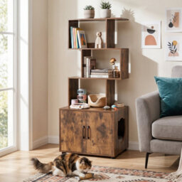 Brown Pet House Corner Bookshelf 141 Cm Tall Cat Litter Box Enclosure With Storage - thumbnail 3