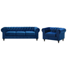 Beliani Living Room Set 4 Seater Chesterfield Velvet Navy Blue - thumbnail 1