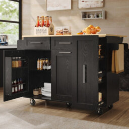 Btm Modern Kitchen Island Buffet Cabinet Dining Cart With Snack Shelves And Storage Black - thumbnail 4