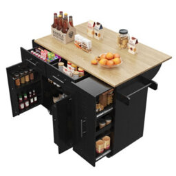 Btm Modern Kitchen Island Buffet Cabinet Dining Cart With Snack Shelves And Storage Black - thumbnail 6