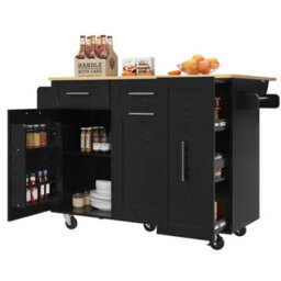 Btm Modern Kitchen Island Buffet Cabinet Dining Cart With Snack Shelves And Storage Black - thumbnail 7