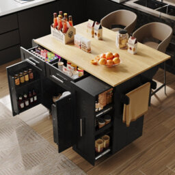 Btm Modern Kitchen Island Buffet Cabinet Dining Cart With Snack Shelves And Storage Black - thumbnail 1
